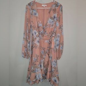 Long sleeve pink floral wrap dress
